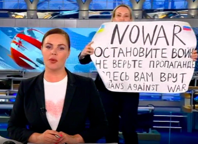 Marina Ovsyannikova protests the war in Ukraine on Russian TV news broadcast.