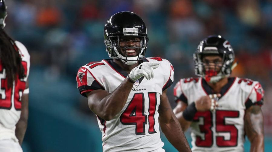 Quincy Mauger, safety, during a preseason game with the Atlanta Falcons.