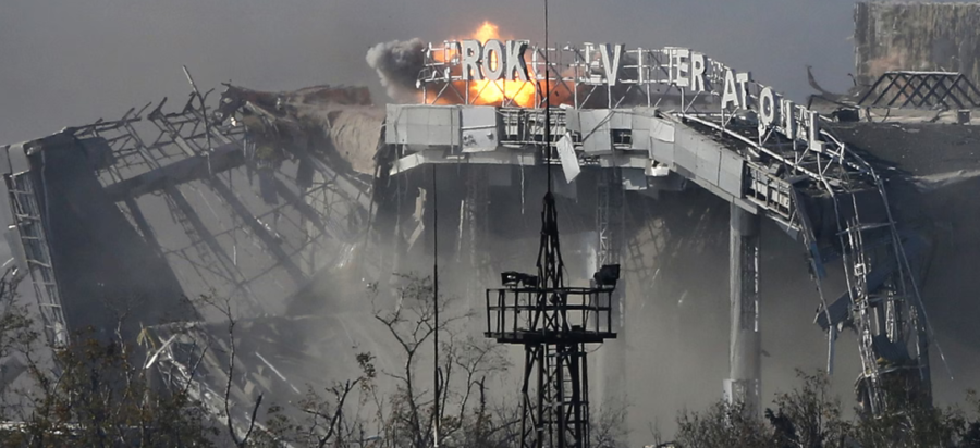 Donetsk International Airport, main terminal, destroyed by shelling during conflict between pro-Russian separatists and Ukrainian government forces.